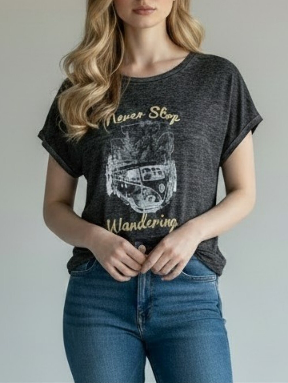 Volkswagen Never Stop Wandering T Shirt L Black Paper Thin Lightweight Bohemian